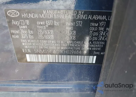 2019 Hyundai Santa Fe Limited from USA, damaged, VIN 5NMS5CAD1KH029684